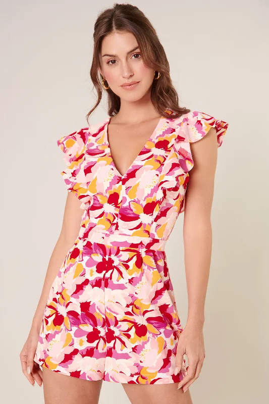 Women jumpsuits with a keyhole back for a unique detailKimbra Floral Ruffle Romper