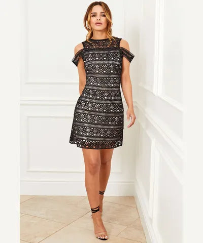Pleated Women Dress with a Timeless and Elegant TextureLace Cold Shoulder Bodycon Dress Black Pleated Women Dress with a Timeless and Elegant TextureLace Cold Shoulder Bodycon Dress Black
