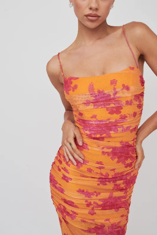 Pleated Women Dress with a Timeless and Elegant TextureLogan Cami Strap Midi Dress Flower Orange Pleated Women Dress with a Timeless and Elegant TextureLogan Cami Strap Midi Dress Flower Orange