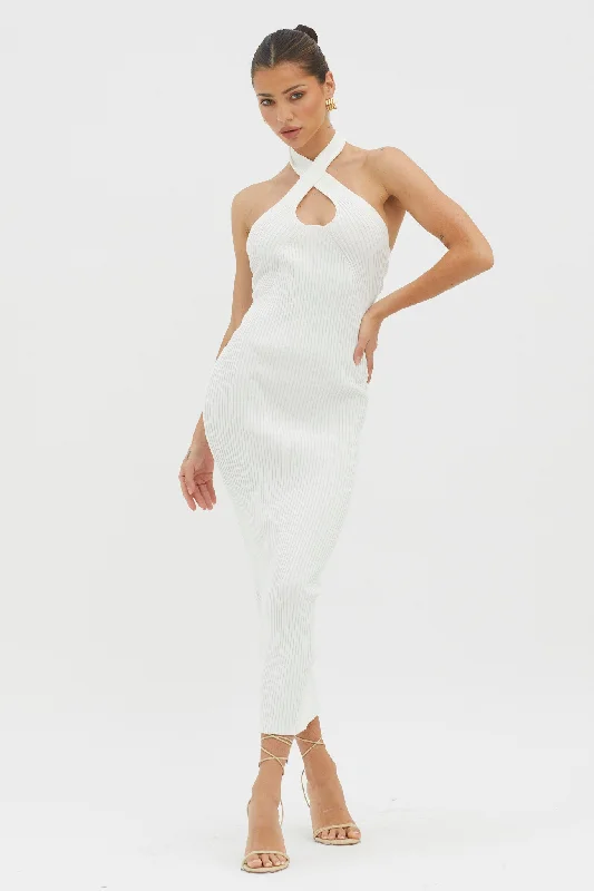 Mini Women Dress with a Short Hem for a Young and Trendy StyleLovelock Halterneck Ribbed Knit Midi Dress White Mini Women Dress with a Short Hem for a Young and Trendy StyleLovelock Halterneck Ribbed Knit Midi Dress White