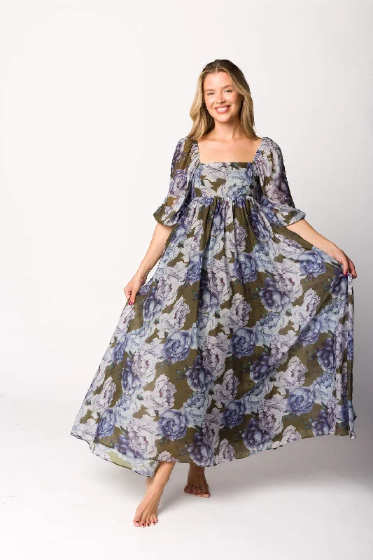 Mermaid - Style Women Dress with a Fitted Silhouette for Special OccasionsMona Maxi Dress in Olive/Blue Floral - Bump Friendly Mermaid - Style Women Dress with a Fitted Silhouette for Special OccasionsMona Maxi Dress in Olive/Blue Floral - Bump Friendly
