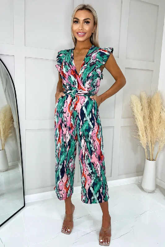Women jumpsuits with ribbed textures for a unique and textured appearanceMulti Printed Wrap Front Frill Sleeve Belted Jumpsuit Women jumpsuits with ribbed textures for a unique and textured appearanceMulti Printed Wrap Front Frill Sleeve Belted Jumpsuit