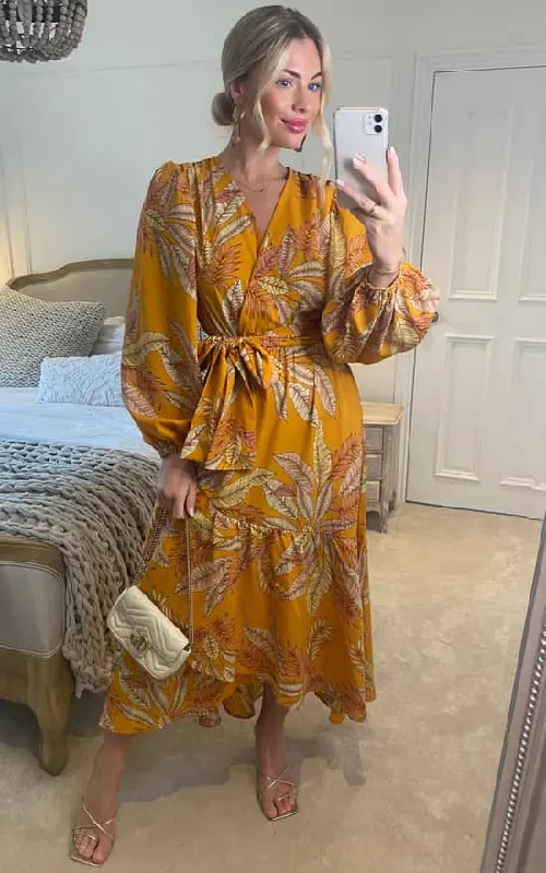 Ball Gown Women Dress with a Full Skirt for a Princess - like LookMustard Print Wrap Dress Ball Gown Women Dress with a Full Skirt for a Princess - like LookMustard Print Wrap Dress