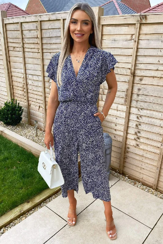 Women jumpsuits with off - the - shoulder tops for a flirty and stylish lookNavy and White Printed Wrap Over Frill Sleeve Jumpsuit Women jumpsuits with off - the - shoulder tops for a flirty and stylish lookNavy and White Printed Wrap Over Frill Sleeve Jumpsuit