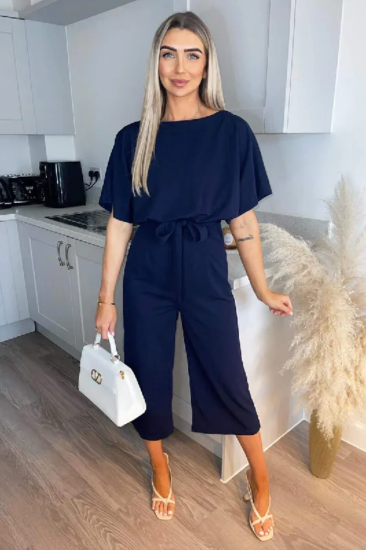 Women jumpsuits with polka - dot patterns for a classic and playful styleNavy Tie Waist Short Sleeve Culotte Jumpsuit Women jumpsuits with polka - dot patterns for a classic and playful styleNavy Tie Waist Short Sleeve Culotte Jumpsuit