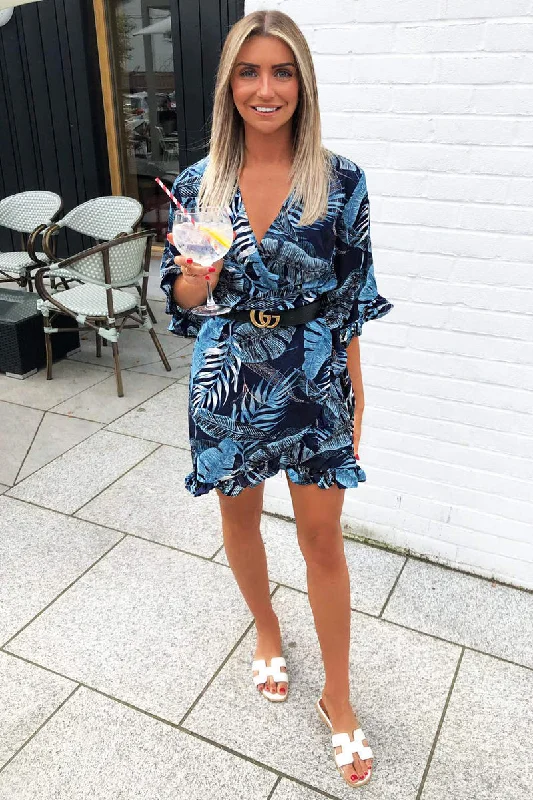 Halter Neck Women Dress to Show Off the Shoulders and NecklineNavy Tropical Print Wrap Dress Halter Neck Women Dress to Show Off the Shoulders and NecklineNavy Tropical Print Wrap Dress