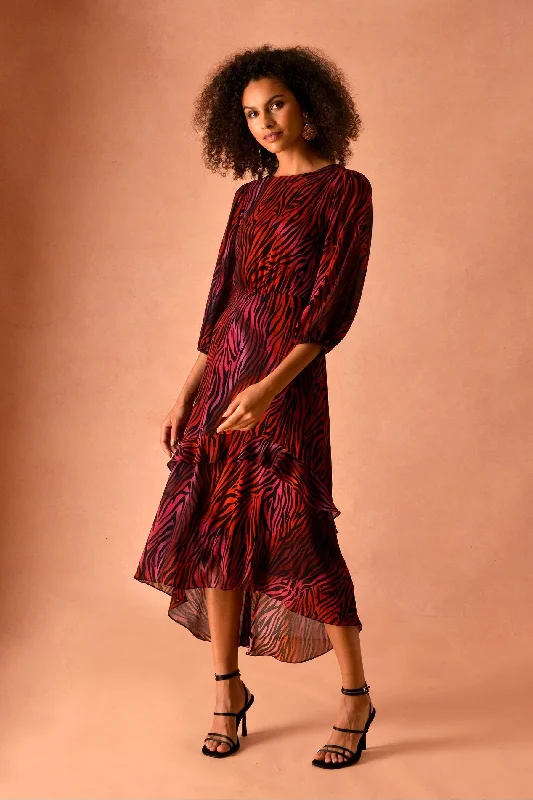 Empire Waist Women Dress to Accentuate the Bust and Conceal the WaistOmbre Zebra Ruffle Midaxi Dress Empire Waist Women Dress to Accentuate the Bust and Conceal the WaistOmbre Zebra Ruffle Midaxi Dress