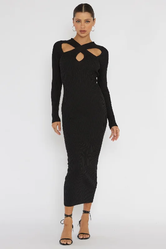 Mermaid - Style Women Dress with a Fitted Silhouette for Special OccasionsOne Mind Cut-Out Neckline Knit Midi Dress Black Mermaid - Style Women Dress with a Fitted Silhouette for Special OccasionsOne Mind Cut-Out Neckline Knit Midi Dress Black
