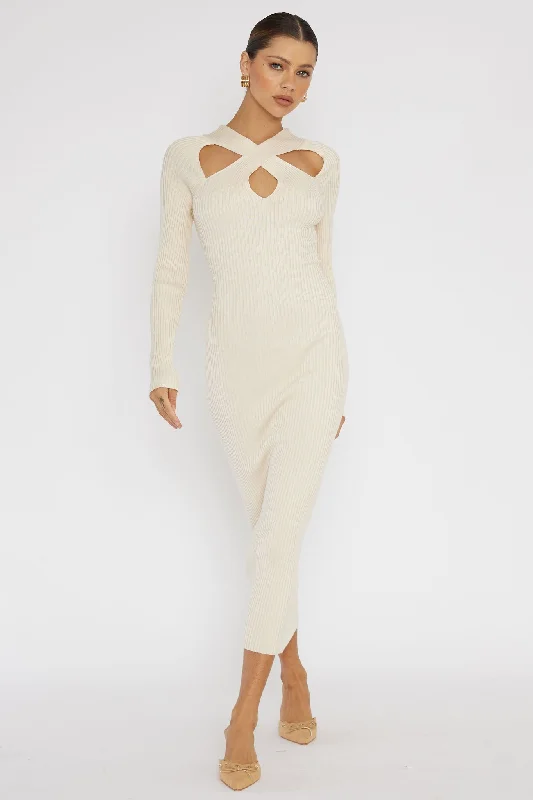 Shift Women Dress with a Simple and Classic Design for Everyday WearOne Mind Cut-Out Neckline Knit Midi Dress Cream Shift Women Dress with a Simple and Classic Design for Everyday WearOne Mind Cut-Out Neckline Knit Midi Dress Cream