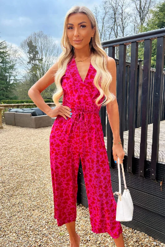 Women jumpsuits with pleated pants for a classic and sophisticated lookPink And Red Floral Printed Tie Front Jumpsuit Women jumpsuits with pleated pants for a classic and sophisticated lookPink And Red Floral Printed Tie Front Jumpsuit