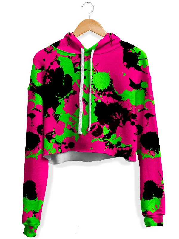 Women's fleece - lined hoodie with thumbholes for warmth in winterPink Black and Green Paint Splatter Fleece Crop Hoodie Women's fleece - lined hoodie with thumbholes for warmth in winterPink Black and Green Paint Splatter Fleece Crop Hoodie