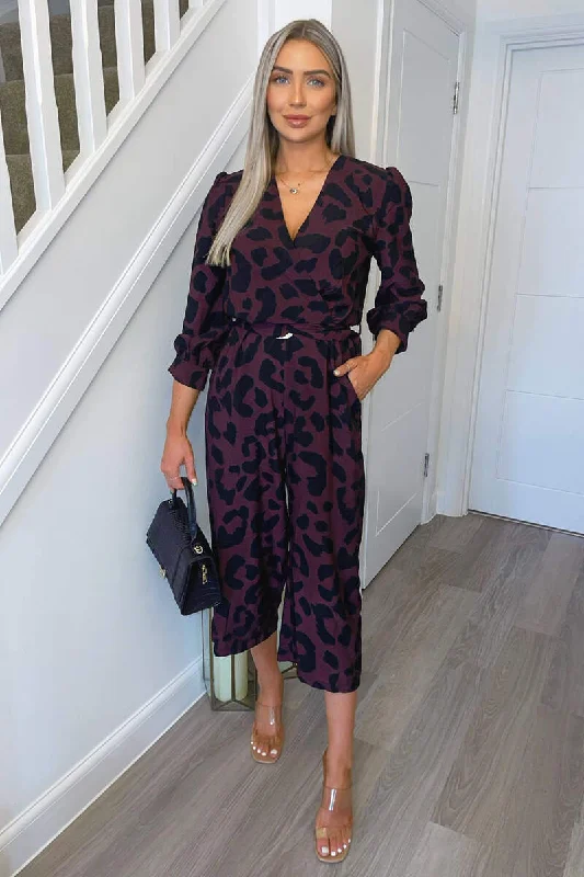 Women jumpsuits with mesh panels for a sexy and trendy appearancePlum And Black Printed Belted Long Sleeve Jumpsuit Women jumpsuits with mesh panels for a sexy and trendy appearancePlum And Black Printed Belted Long Sleeve Jumpsuit