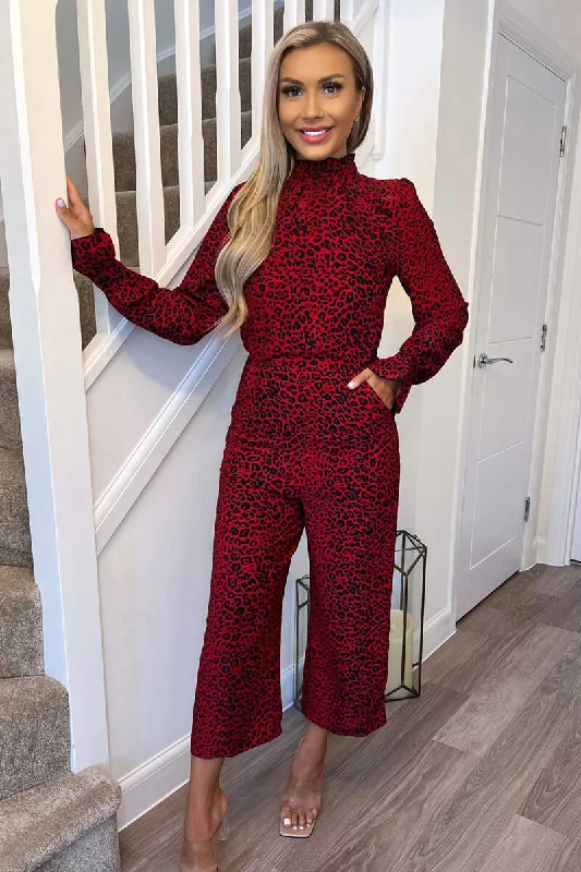 Ruffled women jumpsuits with a feminine touch for a date nightRed Animal Print Elasticated Neck Jumpsuit Ruffled women jumpsuits with a feminine touch for a date nightRed Animal Print Elasticated Neck Jumpsuit