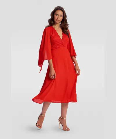 Sleeveless Women Dress in Bright Colors for Summer PartiesRed Wide Sleeve Midi Dress Sleeveless Women Dress in Bright Colors for Summer PartiesRed Wide Sleeve Midi Dress