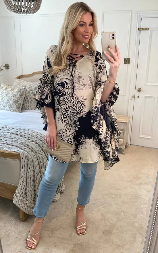 Pleated Women Dress with a Timeless and Elegant TextureRuffled Sleeve And Side Detail Mini Dress In Scarf Print Pleated Women Dress with a Timeless and Elegant TextureRuffled Sleeve And Side Detail Mini Dress In Scarf Print