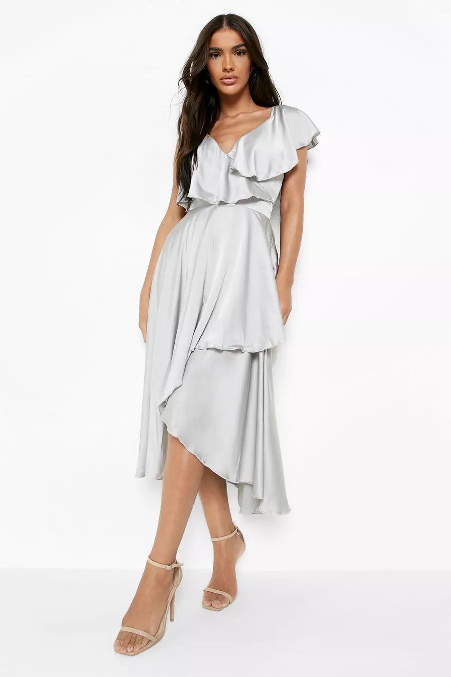 Plus Size Women Dress with a Flattering A - Line Cut for Comfort and StyleSatin Ruffle Wrap Midi Dress Plus Size Women Dress with a Flattering A - Line Cut for Comfort and StyleSatin Ruffle Wrap Midi Dress