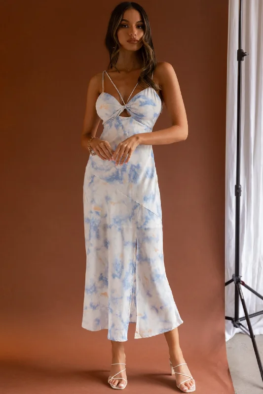 Strapless Women Dress with a Built - in Bra for Comfort and SupportShe Reigns Twist Bust Split Midi Dress Tie Dye Blue Strapless Women Dress with a Built - in Bra for Comfort and SupportShe Reigns Twist Bust Split Midi Dress Tie Dye Blue