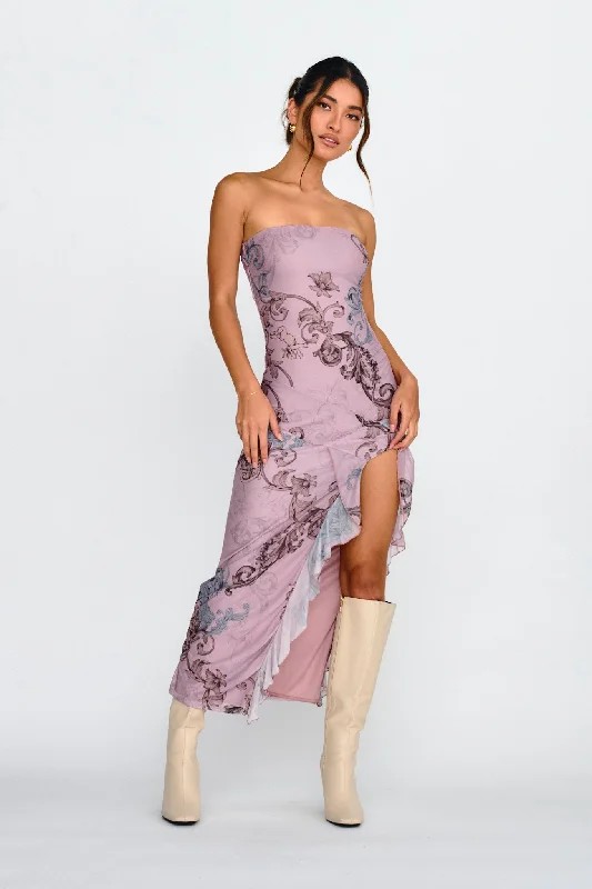 Halter Neck Women Dress to Show Off the Shoulders and NecklineShelby Strapless Ruffle Split Midi Dress Mauve Halter Neck Women Dress to Show Off the Shoulders and NecklineShelby Strapless Ruffle Split Midi Dress Mauve