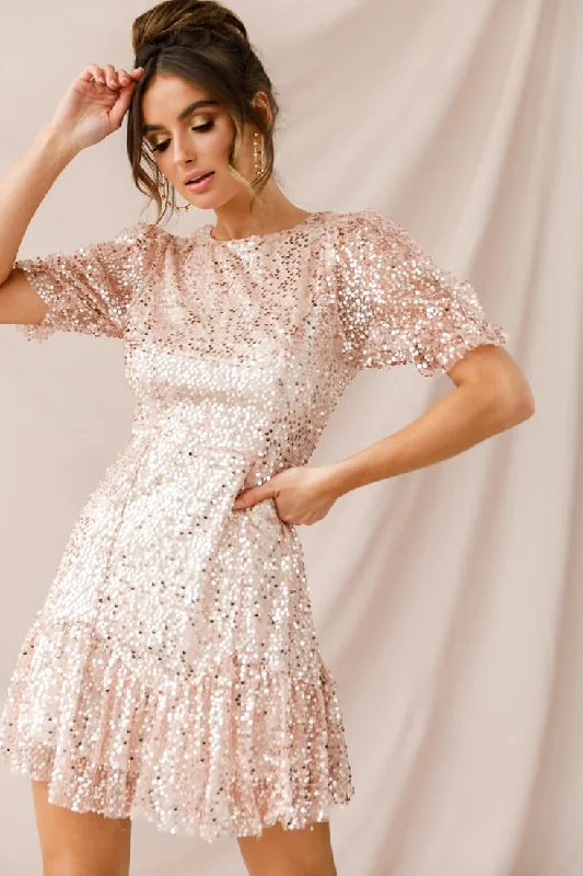 Plus Size Women Dress with a Flattering A - Line Cut for Comfort and StyleShine On Sequin Overlay Puff Sleeve Dress Gold Plus Size Women Dress with a Flattering A - Line Cut for Comfort and StyleShine On Sequin Overlay Puff Sleeve Dress Gold