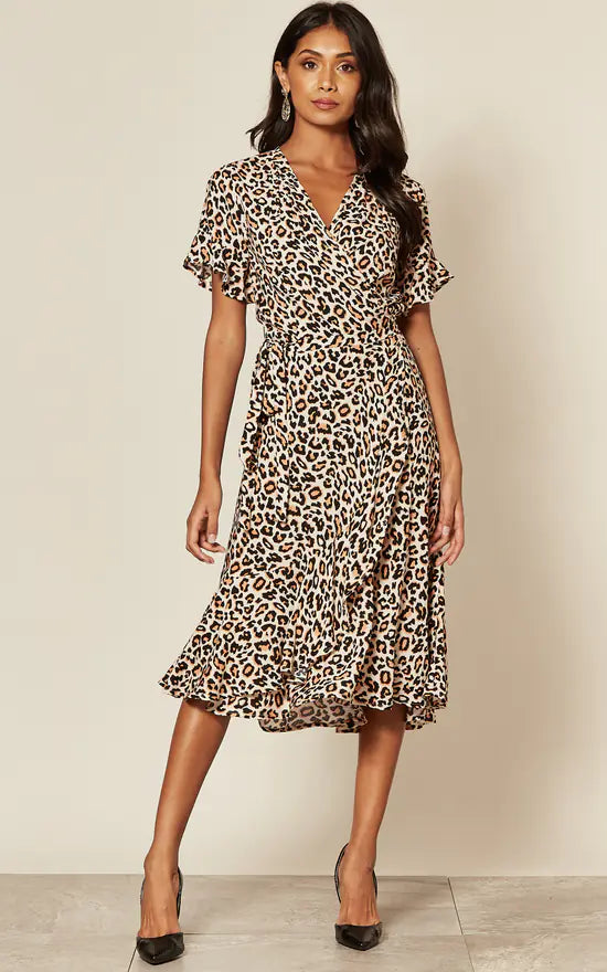 Wrap - Style Women Dress with Adjustable Fit for All Body TypesShort Sleeve Wrap Midi Dress In Leopard Print Wrap - Style Women Dress with Adjustable Fit for All Body TypesShort Sleeve Wrap Midi Dress In Leopard Print
