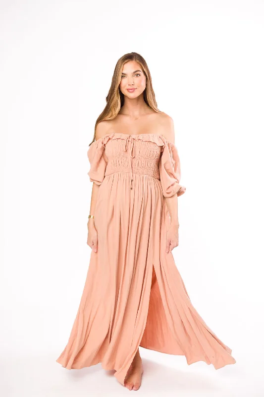 Mini Women Dress with a Short Hem for a Young and Trendy StyleDevon Smocked Maxi Dress in Peach Clay - Bump Friendly Mini Women Dress with a Short Hem for a Young and Trendy StyleDevon Smocked Maxi Dress in Peach Clay - Bump Friendly