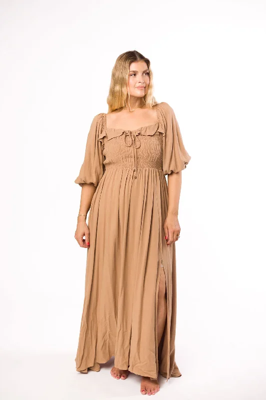 Backless Women Dress for a Sexy and Alluring Look at Evening EventsDevon Smocked Maxi Dress in Taupe - Bump Friendly Backless Women Dress for a Sexy and Alluring Look at Evening EventsDevon Smocked Maxi Dress in Taupe - Bump Friendly