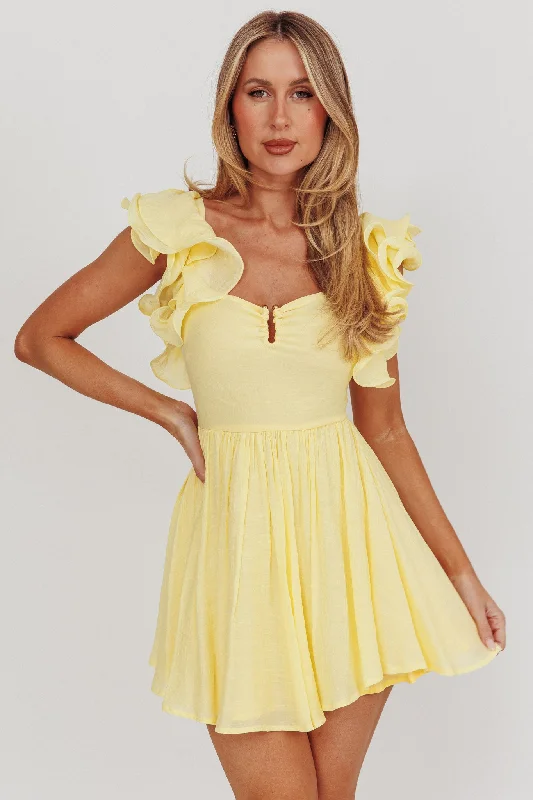 Sleeveless Women Dress in Bright Colors for Summer PartiesSunday Dreams Ruffle Strap Mini Dress Yellow Sleeveless Women Dress in Bright Colors for Summer PartiesSunday Dreams Ruffle Strap Mini Dress Yellow