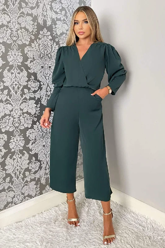 Women jumpsuits with ribbed textures for a unique and textured appearanceTeal Wrap Top Long Sleeve Culotte Jumpsuit Women jumpsuits with ribbed textures for a unique and textured appearanceTeal Wrap Top Long Sleeve Culotte Jumpsuit