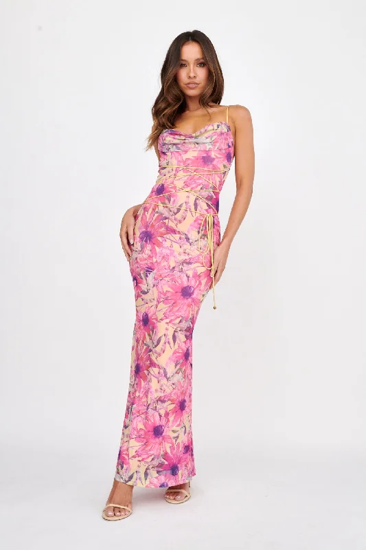 Off - the - Shoulder Women Dress for a Romantic and Feminine LookTeava Laced Waist Maxi Dress Flower Pink Off - the - Shoulder Women Dress for a Romantic and Feminine LookTeava Laced Waist Maxi Dress Flower Pink