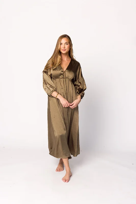 Pleated Women Dress with a Timeless and Elegant TextureHunter Premium *Satin* Midi Dress in Tapenade - Bump Friendly Pleated Women Dress with a Timeless and Elegant TextureHunter Premium *Satin* Midi Dress in Tapenade - Bump Friendly