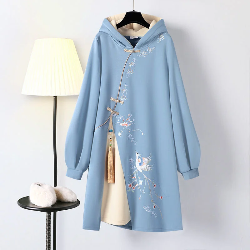 Women's zip - up sweatshirt in pastel blue for a soft and stylish outfitVintage Embroidery Loose Fringed Hoodie Sweatshirt Dress Women's zip - up sweatshirt in pastel blue for a soft and stylish outfitVintage Embroidery Loose Fringed Hoodie Sweatshirt Dress