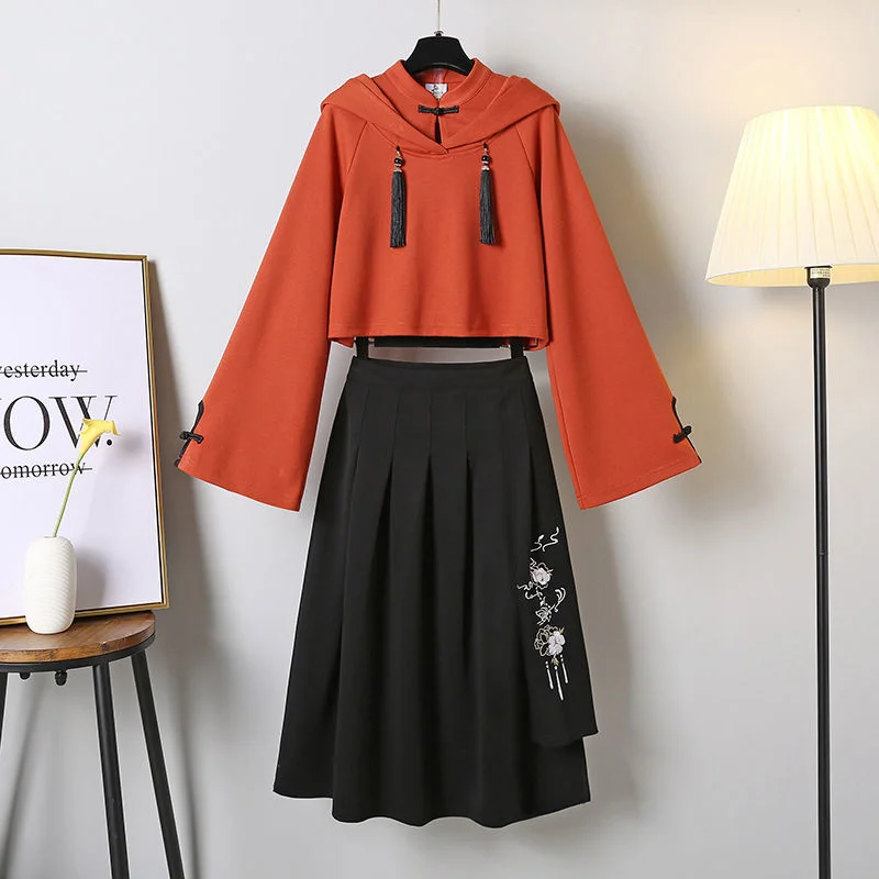 Women's hoodie with a kangaroo pocket and a pom - pom drawstring for added charmVintage Floral Embroidery Hoodie Sweatshirt Skirt - Classic Style Women's hoodie with a kangaroo pocket and a pom - pom drawstring for added charmVintage Floral Embroidery Hoodie Sweatshirt Skirt - Classic Style