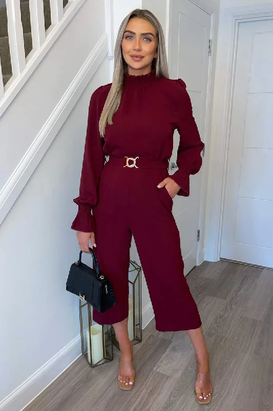 Women jumpsuits with gathered pants for a voluminous and elegant lookWine High Neck Long Sleeve Belted Jumpsuit Women jumpsuits with gathered pants for a voluminous and elegant lookWine High Neck Long Sleeve Belted Jumpsuit
