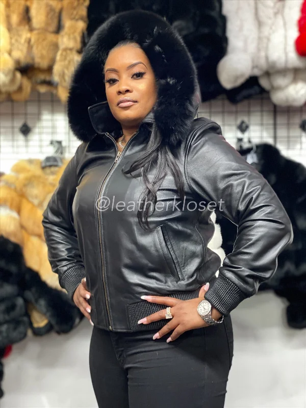Women's waterproof rain jackets in bright yellow for high - visibility outdoor activitiesWomen's BB Jacket With Premium Fox Fur Hood [Black Fur]