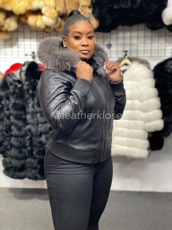 Women's cropped satin jackets in pastel shades for a glamorous evening outWomen's BB Jacket With Premium Fox Fur Hood [Silver Fur]
