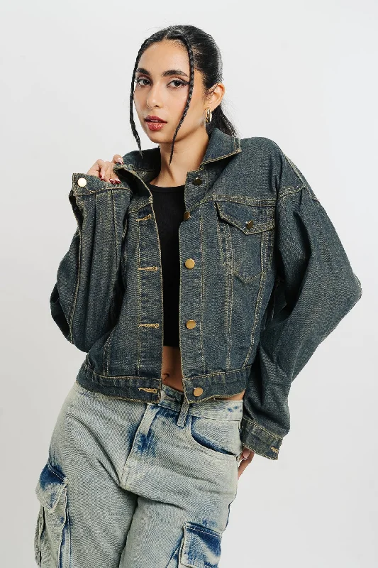 Women's bomber jackets with a holographic finish for a futuristic and eye - catching lookDark Blue Denim Jacket Women's bomber jackets with a holographic finish for a futuristic and eye - catching lookDark Blue Denim Jacket