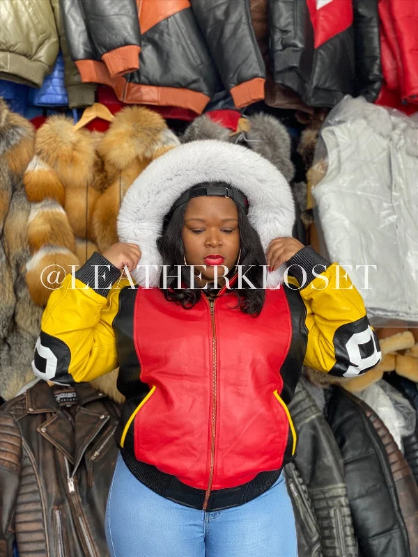 Women's cropped down jackets in bold colors for a sporty and fashionable winter outfitWomen's Leather 8 Ball Jacket With Fox Hood Women's cropped down jackets in bold colors for a sporty and fashionable winter outfitWomen's Leather 8 Ball Jacket With Fox Hood