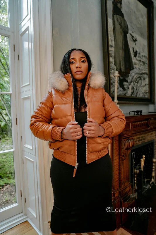 Women's shearling - lined suede jackets for ultimate warmth and luxuryWomen's Leather Snorkel Bomber Jacket [Saddle Brown]