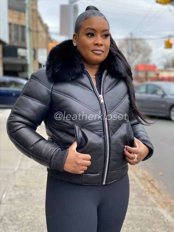 Women's pea coats in a plus - size fit for a flattering and warm winter coatWomen's V-Bomber Black Premium Fox Fur Collar [Black Fur]