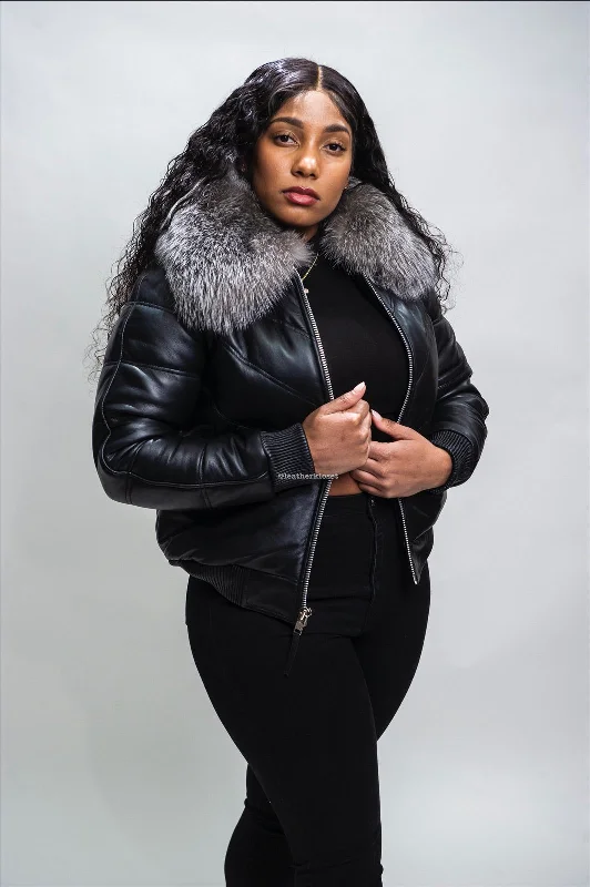 Women's waterproof rain jackets in bright yellow for high - visibility outdoor activitiesWomen's V-Bomber Black Premium Fox Fur Collar [Silver Fur]