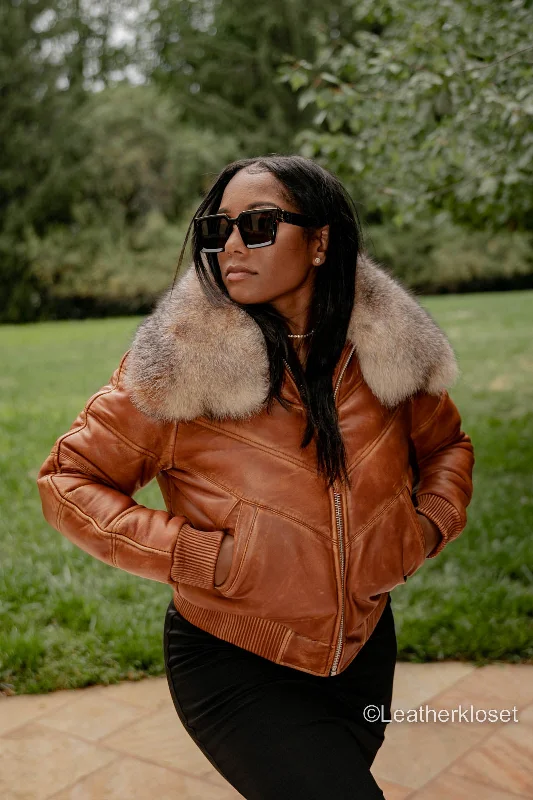 Women's windbreaker jackets with adjustable hoods for windy daysWomen's V-Bomber Caramel Crunch Premium Fox Fur Collar [Crystal]