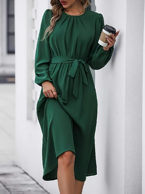 Pleated Women Dress with a Timeless and Elegant Texture Pleated Women Dress with a Timeless and Elegant Texture Sixsr Solid Crew Neck Ruched Dress, Elegant Lantern Sleeve Belted Dress, Women's Clothing
