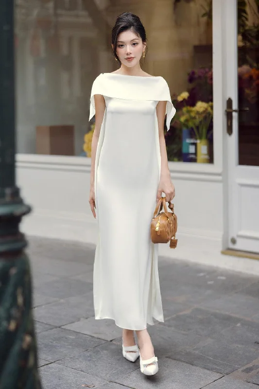 Maxi dresses with balloon sleeves for a vintage - inspired styleCamelia Straight Extended Flap Satin Ankle Length Dress Maxi dresses with balloon sleeves for a vintage - inspired styleCamelia Straight Extended Flap Satin Ankle Length Dress