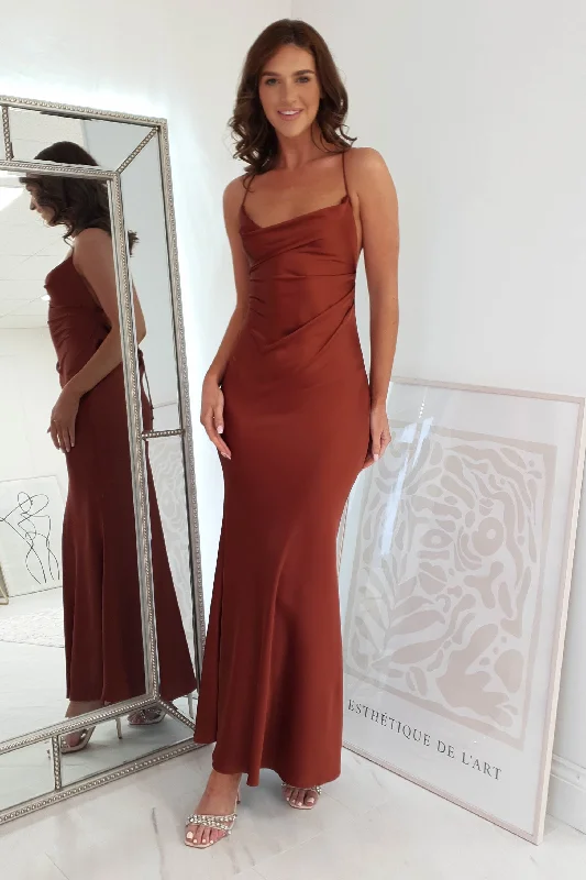 Maxi dresses with geometric prints for a contemporary aestheticCeleste Satin Chain Detail Maxi Dress | Rust Maxi dresses with geometric prints for a contemporary aestheticCeleste Satin Chain Detail Maxi Dress | Rust