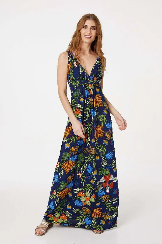 Maxi dresses with a V - neckline for a flattering and elongating shapeTropical Print Plunge Maxi Dress Maxi dresses with a V - neckline for a flattering and elongating shapeTropical Print Plunge Maxi Dress