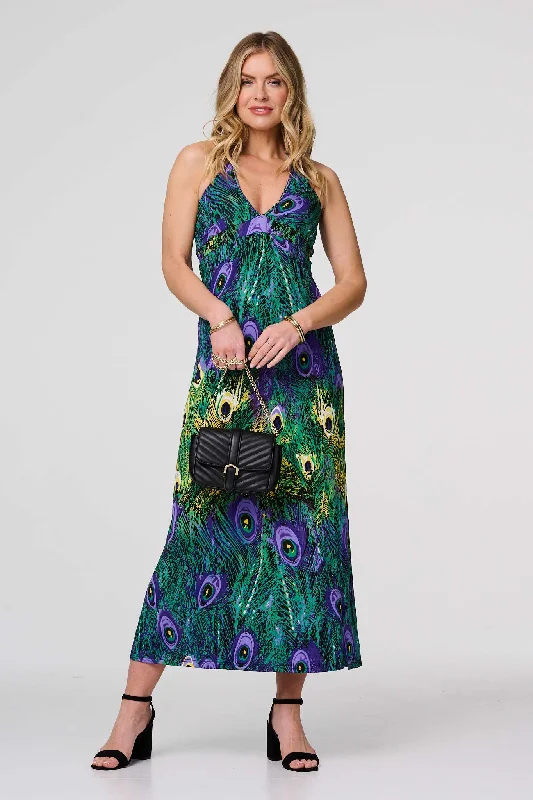 Maxi dresses with a V - neckline for a flattering and elongating shapePeacock Print Halterneck Maxi Dress Maxi dresses with a V - neckline for a flattering and elongating shapePeacock Print Halterneck Maxi Dress