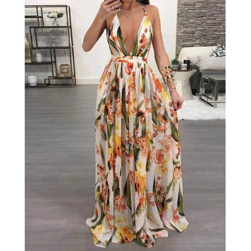 Maxi dresses with a criss - cross back for a flirty and unique detailFashionSierra - Floral deep v neck backless maxi dress women Sleeveless flower print bohemian long dress Fashion long summer beach dresses Maxi dresses with a criss - cross back for a flirty and unique detailFashionSierra - Floral deep v neck backless maxi dress women Sleeveless flower print bohemian long dress Fashion long summer beach dresses