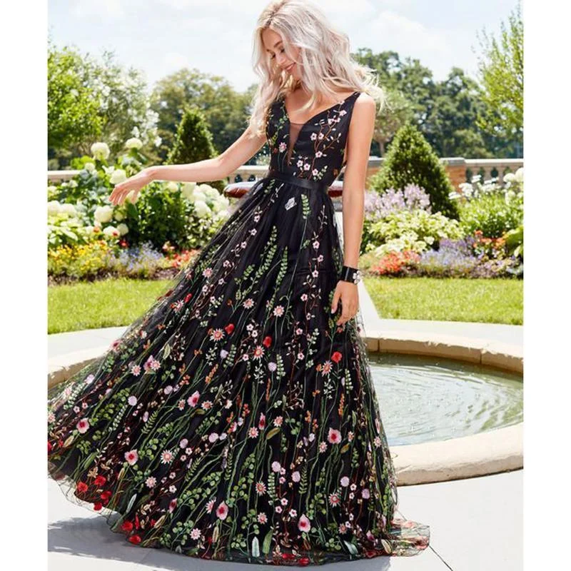 Maxi dresses with a V - neckline for a flattering and elongating shapeFashionSierra - Flower embroidery maxi dress Women Backless v neck long party dress Elegant sleeveless plunging mesh dress summer vestidos