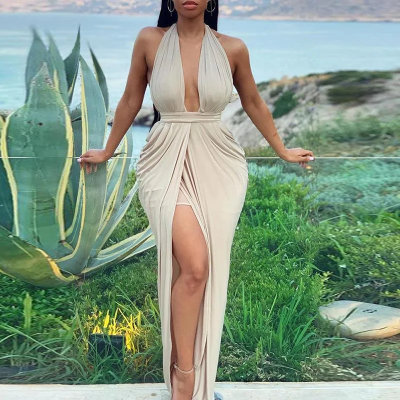 Denim maxi dresses with frayed hems for a casual lookFashionSierra - Halter Plunge Thigh Slit Maxi Dress Denim maxi dresses with frayed hems for a casual lookFashionSierra - Halter Plunge Thigh Slit Maxi Dress