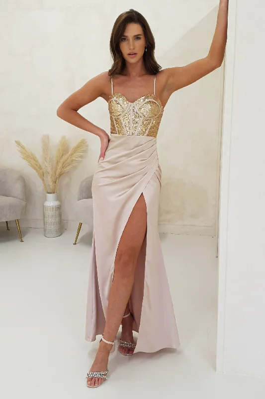 Satin maxi dresses with a high - low hem for a modern twistMargaux Satin Corset Maxi Dress | Gold Satin maxi dresses with a high - low hem for a modern twistMargaux Satin Corset Maxi Dress | Gold